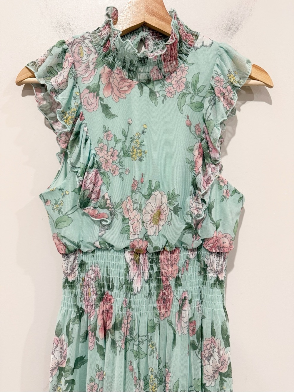 STELLA & JULIE Floral Ruffle Midi Dress Mint Green Smocked Waist Mock Neck Sz 4 - Picture 2 of 8